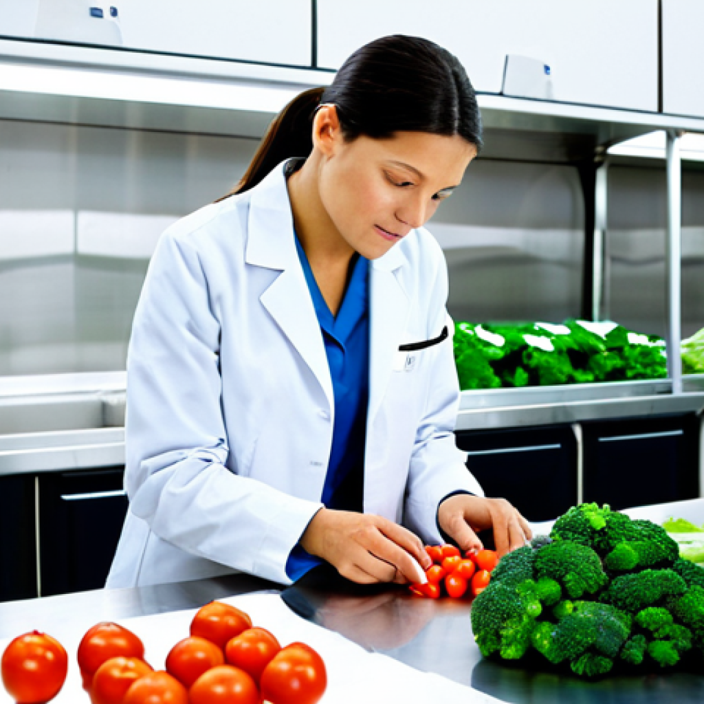 A professional agricultural product quality control specialist, fully clothed in a modest, clean lab coat over professional attire. She is meticulously examining fresh, vibrant vegetables on a clean stainless steel table in a bright, modern food quality control laboratory. The background shows advanced equipment and shelves of neatly organized samples, suggesting precision and expertise. The lighting is bright and even, highlighting the details of the produce and the specialist's focused expression. This image conveys trust and diligence in ensuring food safety. safe for work, appropriate content, fully clothed, professional, perfect anatomy, correct proportions, natural pose, well-formed hands, proper finger count, natural body proportions, high resolution, professional photography, sharp focus, vibrant colors, realistic, clean aesthetic.