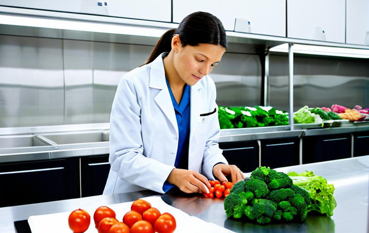 A professional agricultural product quality control specialist, fully clothed in a modest, clean lab coat over professional attire. She is meticulously examining fresh, vibrant vegetables on a clean stainless steel table in a bright, modern food quality control laboratory. The background shows advanced equipment and shelves of neatly organized samples, suggesting precision and expertise. The lighting is bright and even, highlighting the details of the produce and the specialist's focused expression. This image conveys trust and diligence in ensuring food safety. safe for work, appropriate content, fully clothed, professional, perfect anatomy, correct proportions, natural pose, well-formed hands, proper finger count, natural body proportions, high resolution, professional photography, sharp focus, vibrant colors, realistic, clean aesthetic.