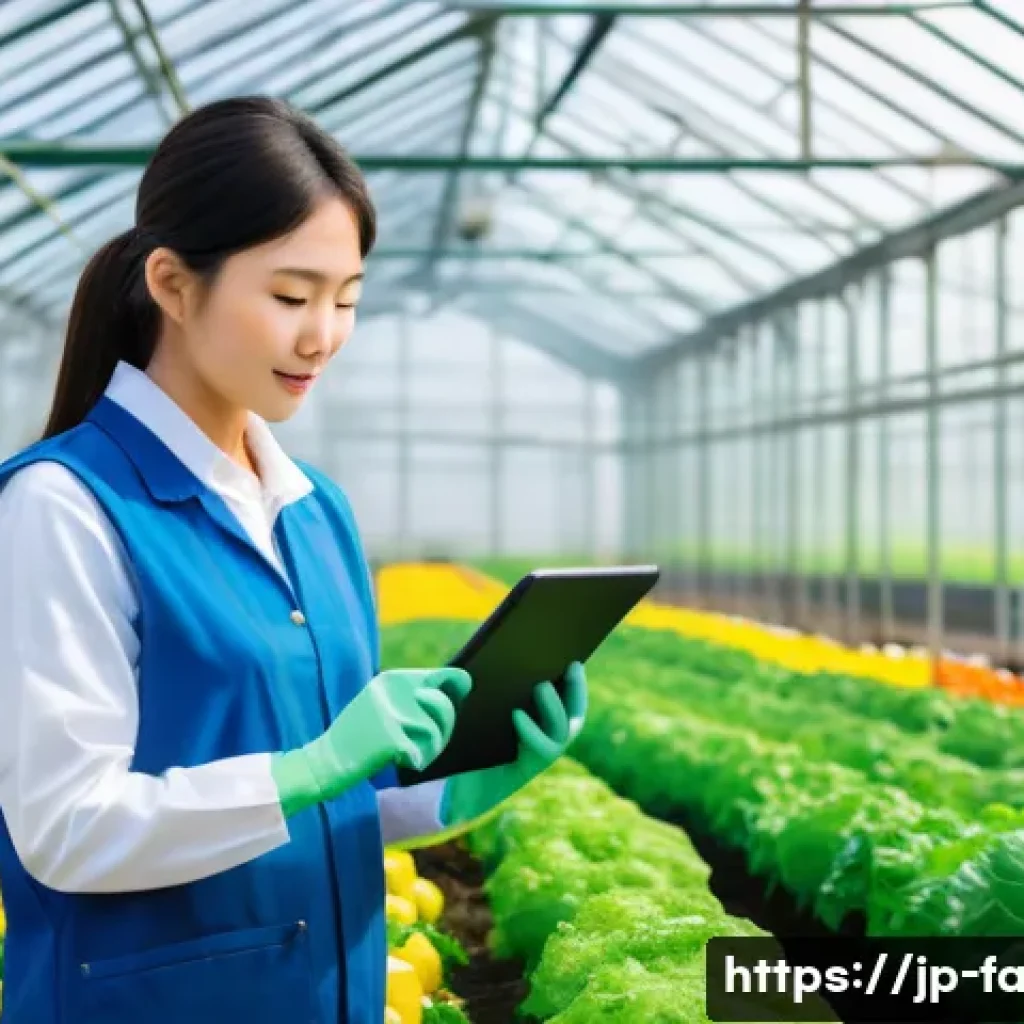 농산물품질관리사 취업 성공 사례 - A professional Japanese agricultural quality control specialist inspecting fresh vegetables in a mod...