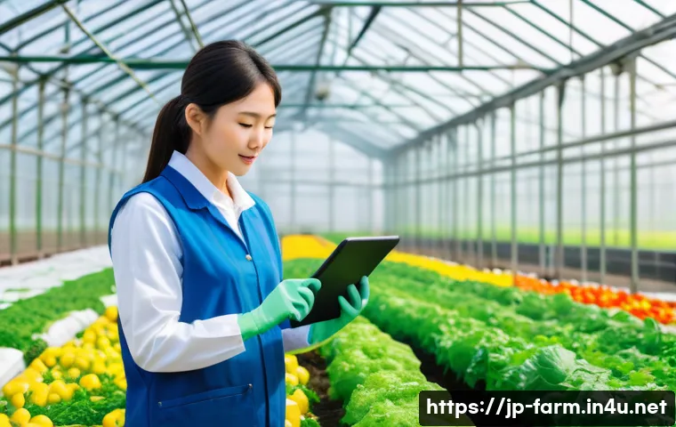 농산물품질관리사 취업 성공 사례 - A professional Japanese agricultural quality control specialist inspecting fresh vegetables in a mod...