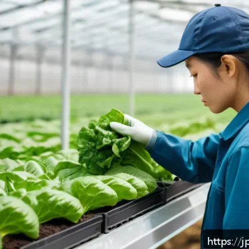 농산물품질관리사 직무 수행 체크리스트 - A detailed close-up scene of a Japanese farm worker in modern casual clothing gently inspecting fres...