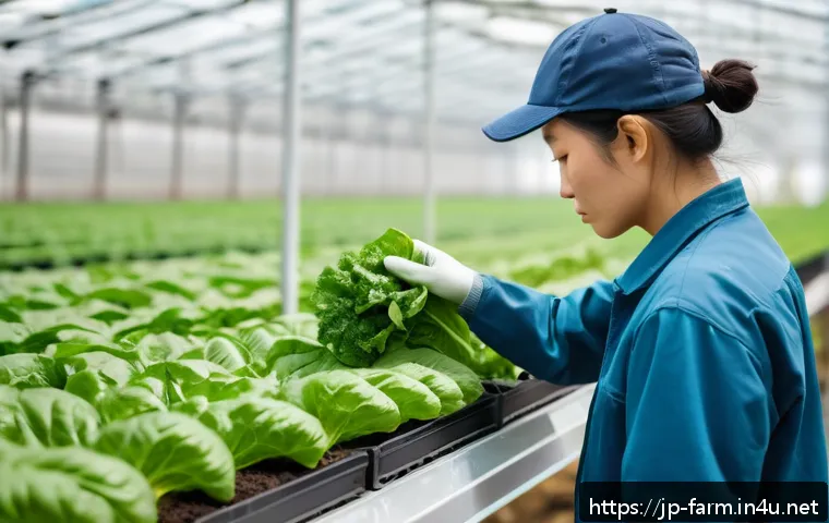 농산물품질관리사 직무 수행 체크리스트 - A detailed close-up scene of a Japanese farm worker in modern casual clothing gently inspecting fres...