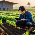 농산물품질관리사 경력 쌓기 전략 - A modern Japanese smart farm scene at dawn, showcasing IoT sensor devices installed on soil and plan...