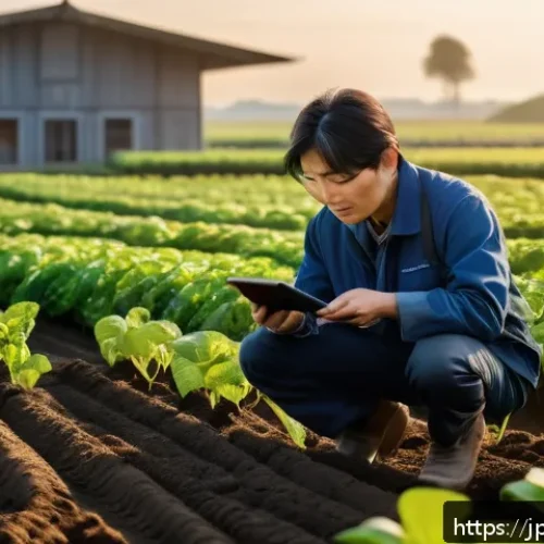 농산물품질관리사 경력 쌓기 전략 - A modern Japanese smart farm scene at dawn, showcasing IoT sensor devices installed on soil and plan...