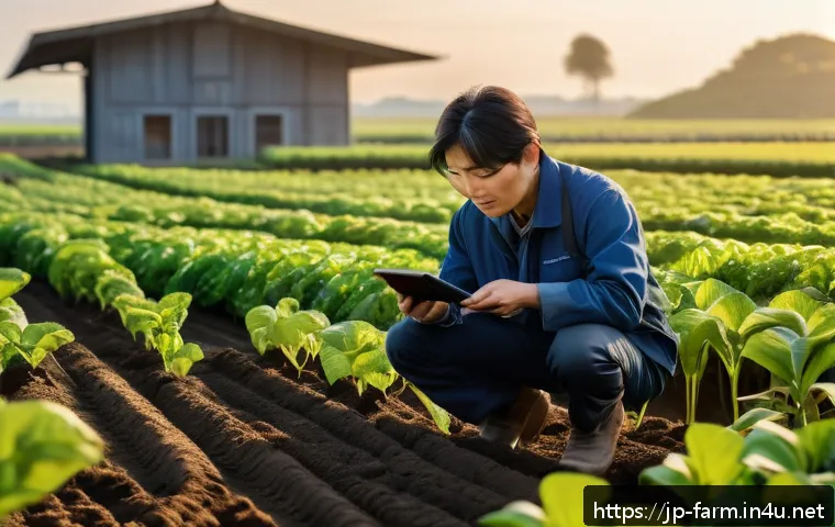 농산물품질관리사 경력 쌓기 전략 - A modern Japanese smart farm scene at dawn, showcasing IoT sensor devices installed on soil and plan...