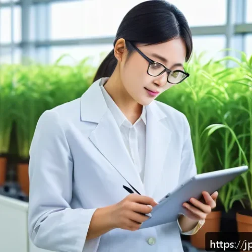 농산물품질관리사 자격증 시험 합격률 통계 - A modern Japanese agricultural quality control professional in business casual attire, studying deta...
