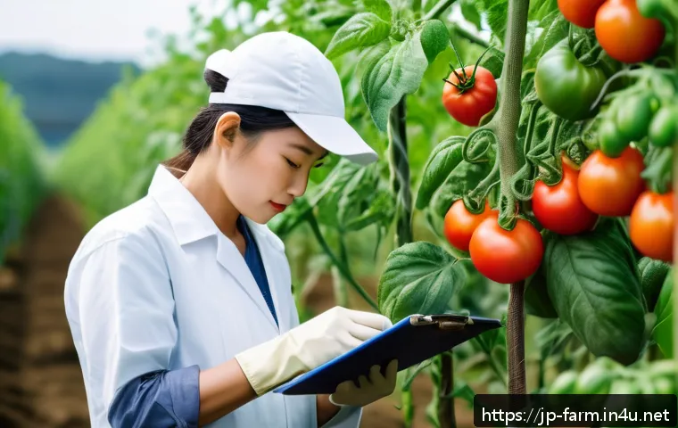 농산물품질관리사 전문성 강화 방법 - A modern agricultural quality inspection scene in a Japanese farm setting, featuring a professional ...